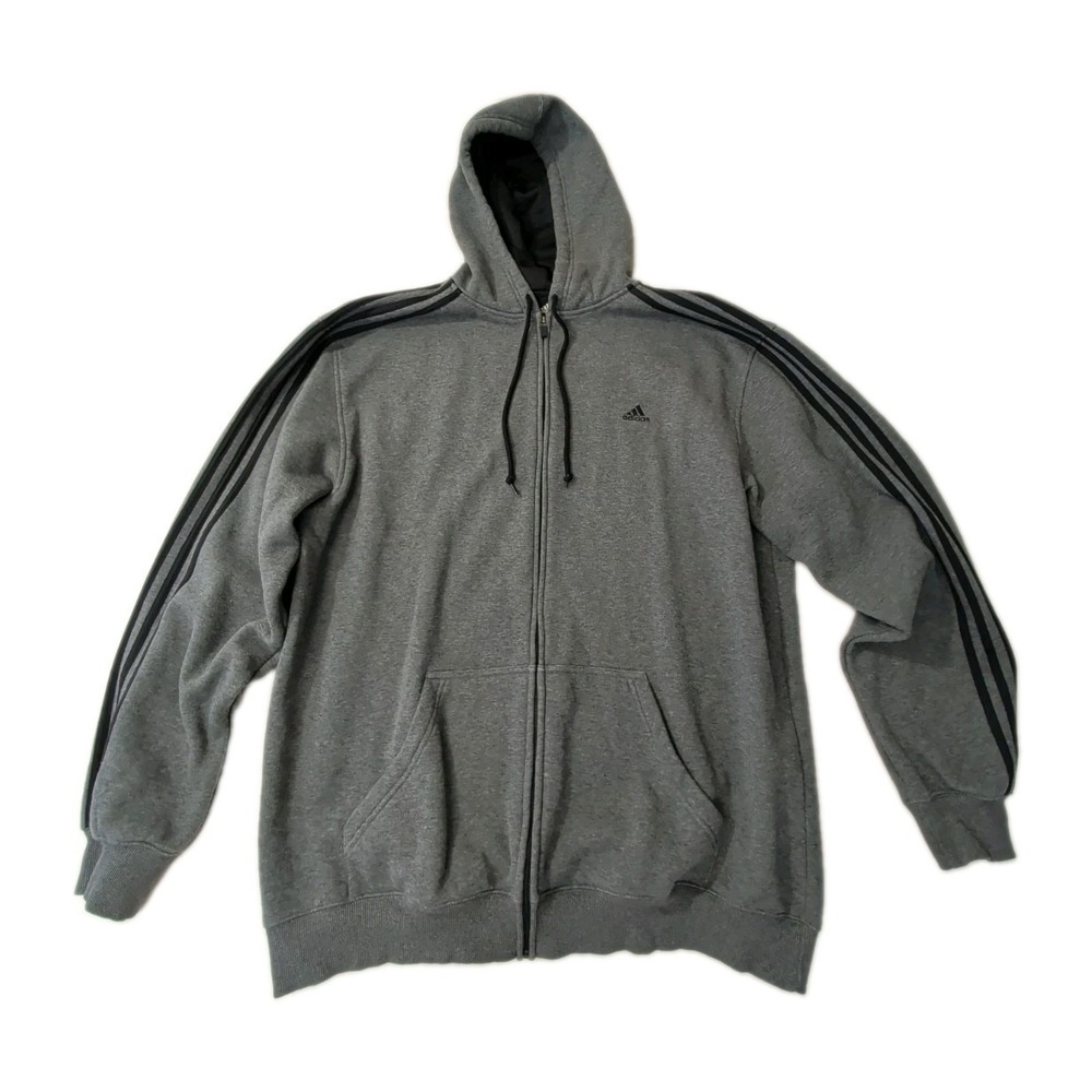 Adidas Full Zip Hoodie Sweatshirt Mens 2XL Gray Fleece Lined Active Athletic